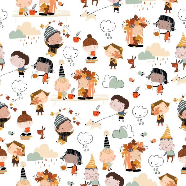 Vector Seamless Pattern Happy Cartoon Kids Enjoying Autumn White Background — 图库矢量图片