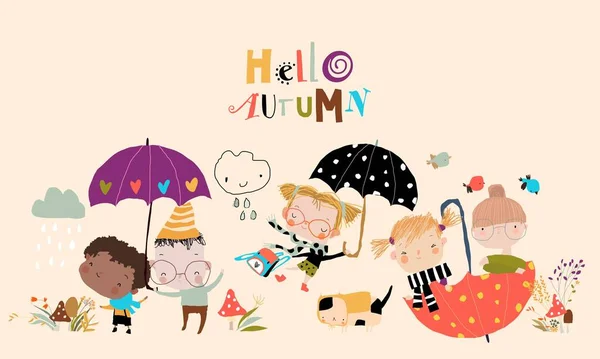 Happy Cartoon Kids Incontro Autunno Con Ombrelli Colori Illustrazione Vettoriale — Vettoriale Stock