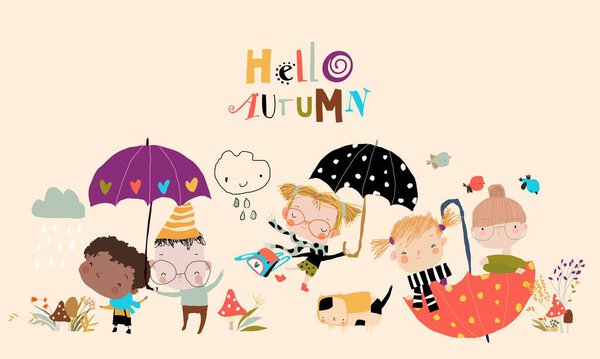 Happy Cartoon Kids meeting Autumn with Color Umbrellas. Векторная миграция