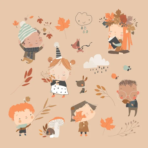 Happy Cartoon Kids Enjoying Autumn Vector Set — Stock vektor