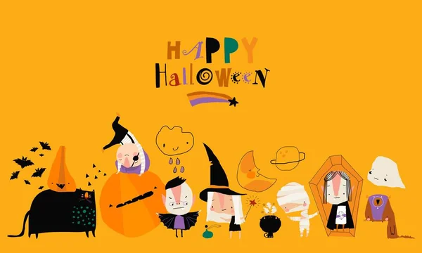 Cartoon Crazy Monsters Meeting Halloween Yellow Background Vector Illustration — Archivo Imágenes Vectoriales