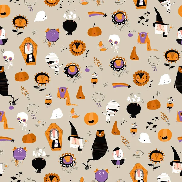 Padrão Sem Costura Vetorial Com Diferentes Elementos Personagens Halloween — Vetor de Stock