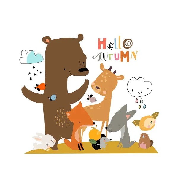 Group Cartoon Animals Meeting Autumn White Background Vector Illustration — Διανυσματικό Αρχείο