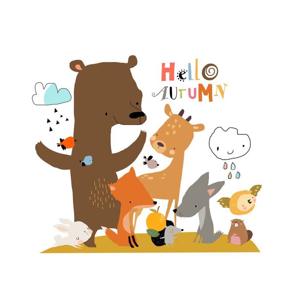 Group of Cartoon Animals meeting Autumn on White Background. Vector Illustration