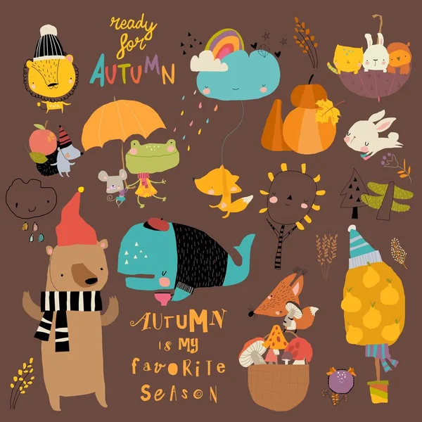 Cartoon Autumn Set Funny Animals Trees Vector Illustration — Stockvektor