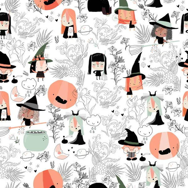 Vector Seamless Pattern Cute Witches Flowers White Background — Stockový vektor