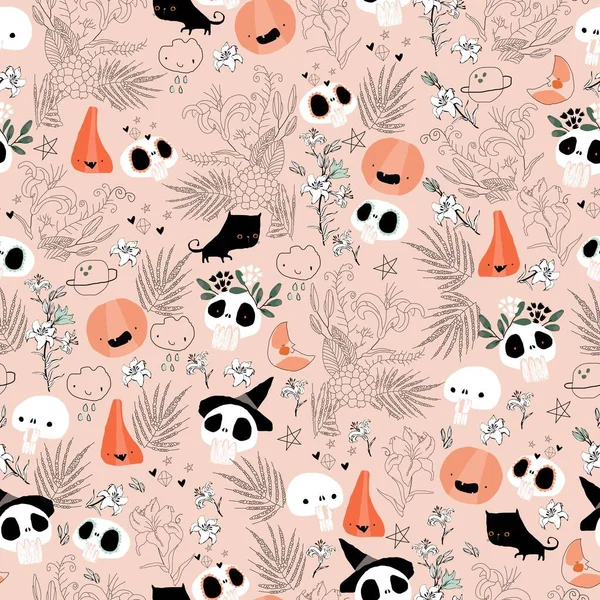 Vector Seamless Pattern Cute Skulls Flowers Pink Background — Stock Vector