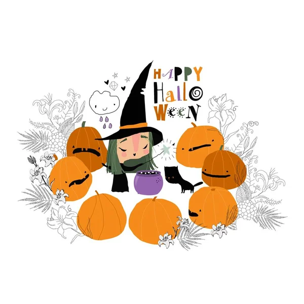 Halloween Witch Cooks Magic Potion Cauldron Vector Illustration — Vettoriale Stock