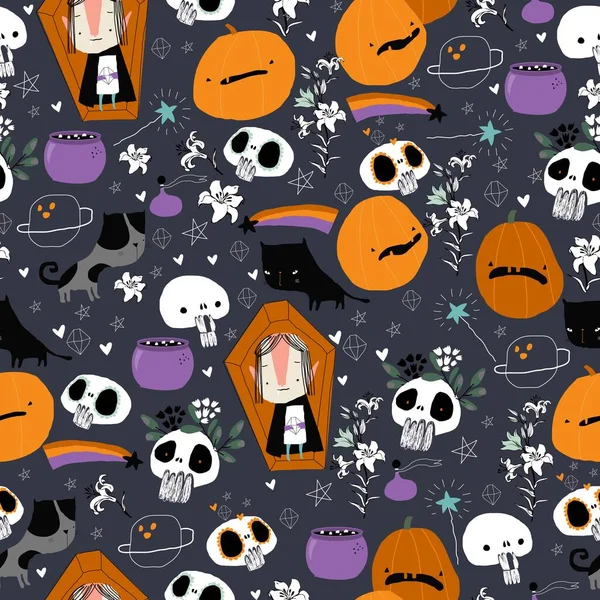 Vector Seamless Pattern Different Halloween Elements Characterss — Stockový vektor