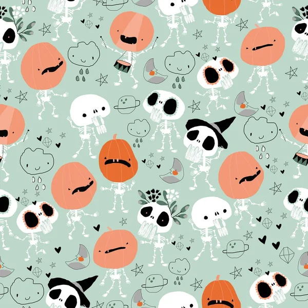 Vector Seamless Pattern Cute Skeletons Pumpkins — Stock Vector