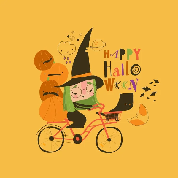 Cute Halloween Witch Riding Bicycle Pumpkins Black Cat Vector Illustration — Wektor stockowy
