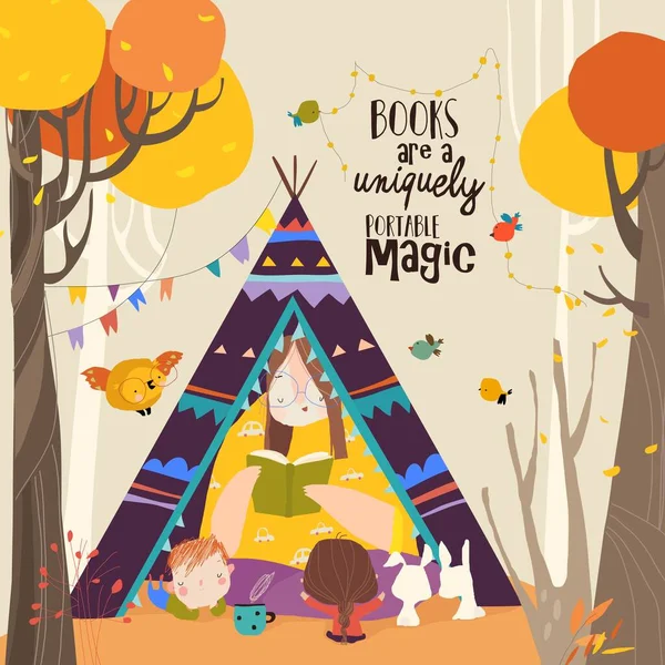 Mother Reading Book Her Children Teepee Tent Autumn Park Vector — Wektor stockowy
