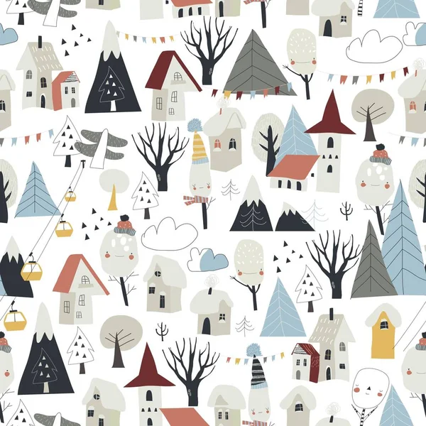 Vector Seamless Pattern Cute Little Houses Snowing Mountains Trees — Vetor de Stock