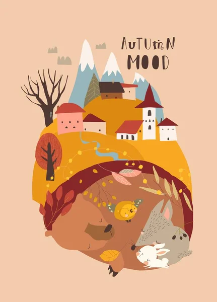 Cartoon Dieren Slapen Den Nabij Little Town Vector Illustratie — Stockvector