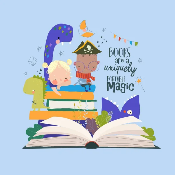 Cute Cartoon Children Sitting Stack Books Fairytale Monsters Vector Illustration — Stock Vector