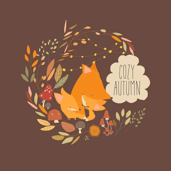 可爱的卡通狐狸抱着她的小宝宝在秋天的叶子 病媒图解 — 图库矢量图片