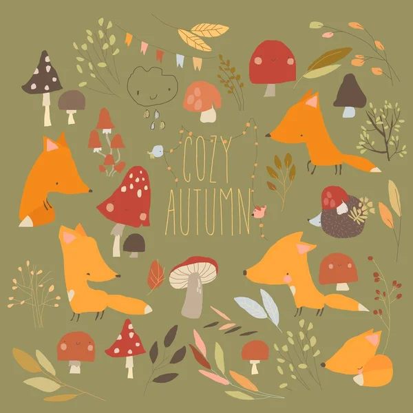 かわいい狐 キノコ カラフルな秋の葉とベクトル漫画セット — ストックベクタ