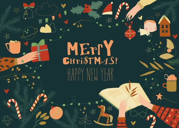 Vector Merry Christmas Party Poster Hands Holding Holiday Decorations — 스톡 벡터