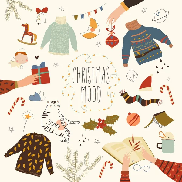 Vector Christmas Set Sweaters Books Graphic Holiday Elements — 스톡 벡터