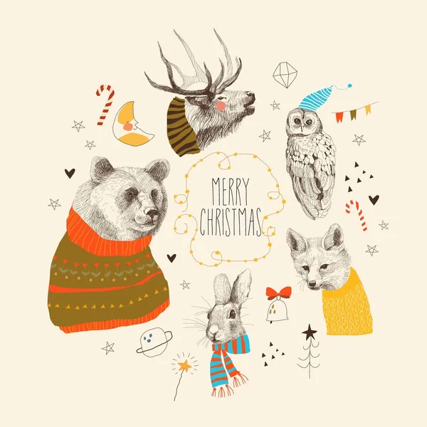 冬のセーターやスカーフを着てかわいい動物と素敵なクリスマスセット ベクターイラスト — ストックベクタ