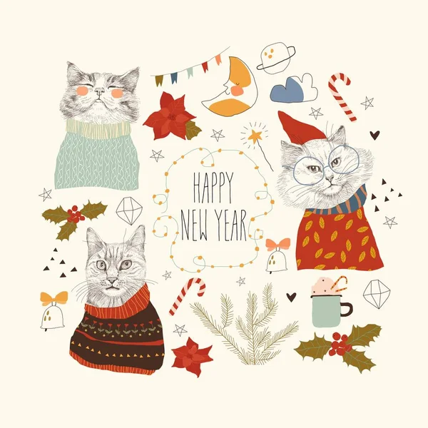 Conjunto Natal Lindo Com Gatos Bonitos Usando Camisolas Inverno Ilustração —  Vetores de Stock