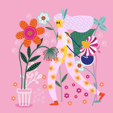 Çiçek bahçesindeki genç kız, vektör karalama tasarımı