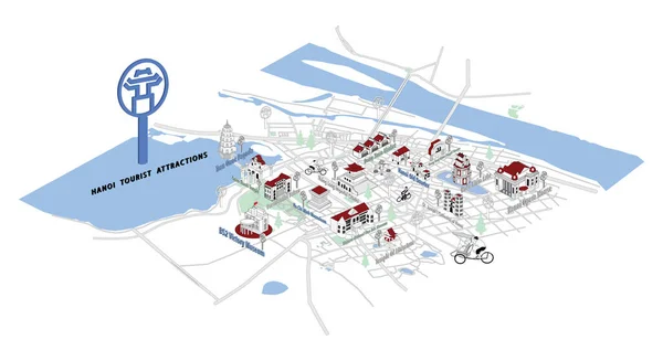 Illustrated Isometric Map Hanoi Tourist Attractions — Stockvektor