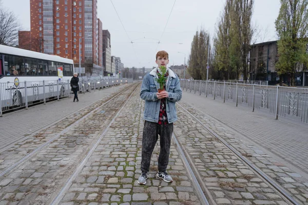 Şehirdeki çevre sorunu hava kirliliği, mavi kot ceketli ve kıvırcık saçlı bir adam elinde yeşil bir bitkiyle şehrin ortasında kaldırım taşlarının üzerinde duruyor.
