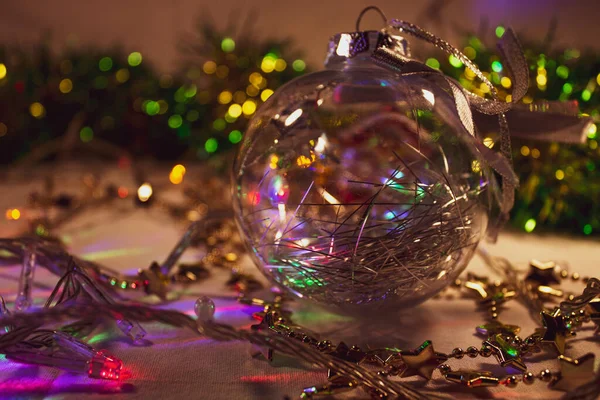 Décorations Noël Boule Transparente Verre Faible Lumière Chaude Guirlande Fond — Photo