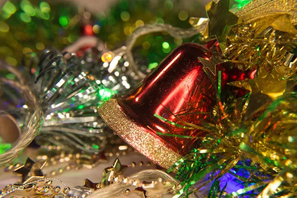 Neujahr Weihnachtsdekoration Hintergrund Ist Der Christbaumschmuck Rote Glocke Und Goldener — Stockfoto