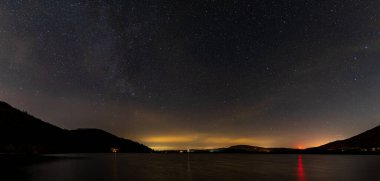 İngiliz Gölü 'ndeki Bassenthwaite Gölü üzerinde gece gökyüzünün panoramik görüntüsü.