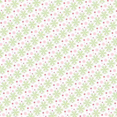 Pembe noktalı kusursuz desen ve beyaz arka planda yeşil çiçekler..