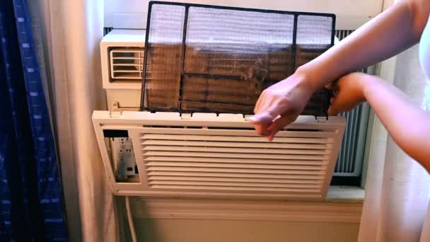 Mujer Eliminando Filtro Ventana Casa Del Aire Acondicionado Para Limpieza — Vídeos de Stock