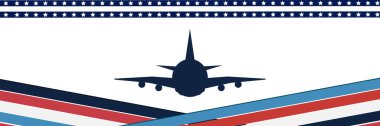 Uçak ve Amerikan bayrağı renginde dizayn afiş, arkaplan, poster tasarımı. Boşluğu kopyala.