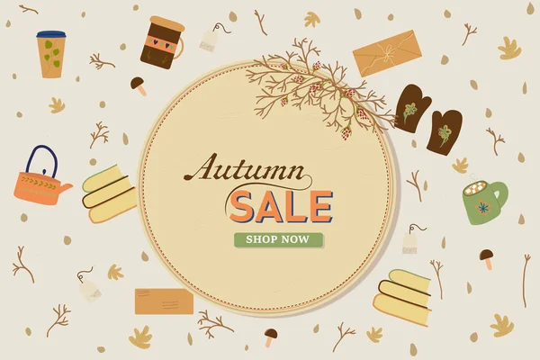 Autumn Sale Banner Object Collection Flowers Marshmallow Cup Cocoa Leaves — Stockvektor