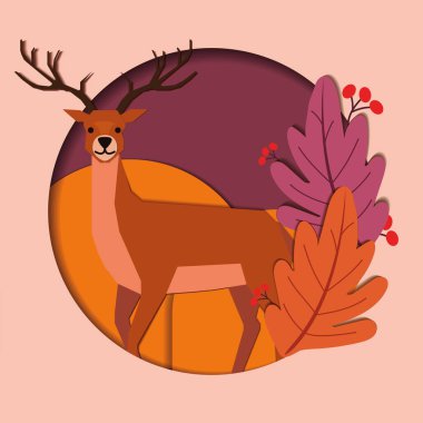 Yaprakları Sonbahar Kağıt Sanatı Vektörü illüstrasyonlu şirin ren geyiği