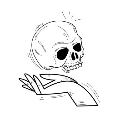 Kafa iskeleti olan izole bir el, Ezoterizm taslak ikonu Vektör illüstrasyonu