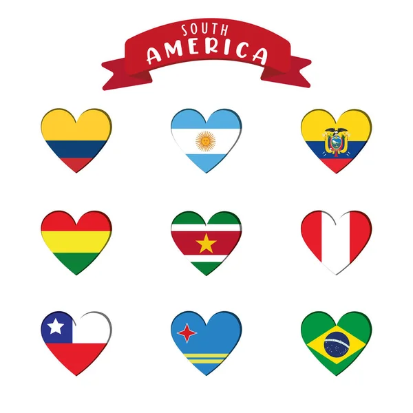 Zestaw Różnych Flag Ameryki Południowej Kształt Serca Wektor Ilustracji — Wektor stockowy