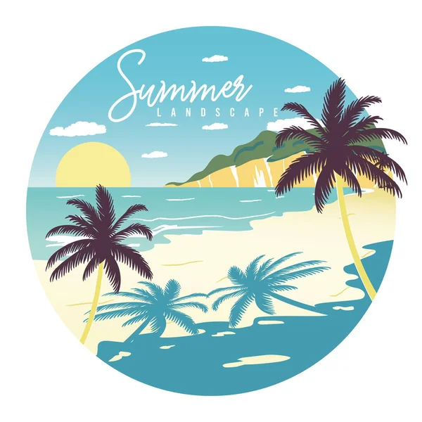 Colored Summer Landscape Palm Trees Badge Vector Illustration — Stock Vector