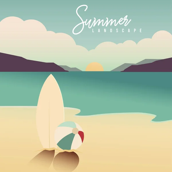 Farbige Sonnenuntergang Szenische Ansicht Mit Einem Surfbrett Und Beachball Vector — Stockvektor