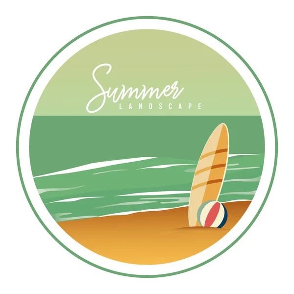 Gekleurde Badge Met Een Surfplank Strandbal Een Uitzicht Het Strand — Stockvector
