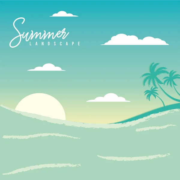 Blue Summer Trip Scenary View Silhouettes Palm Tree Vector Illustration — Stock Vector