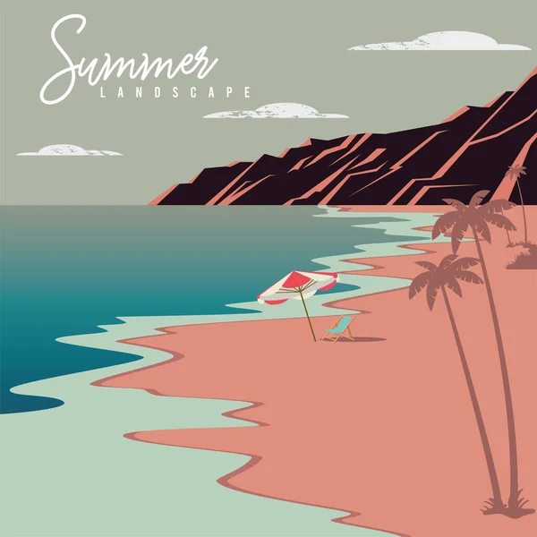 Summer Beach Trip Scenary View Palm Trees Umbrella Vector Illustration — Stock Vector