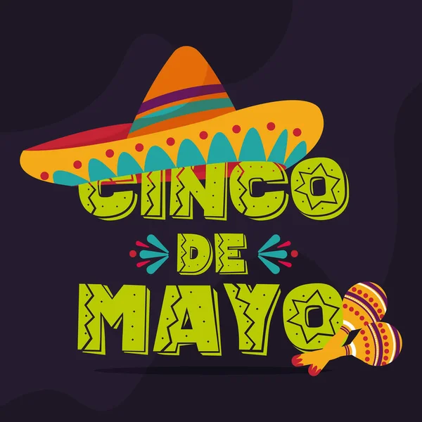 Cartel Color Cinco Mayo Con Sombrero Maracas Vector Ilustración — Vector de stock