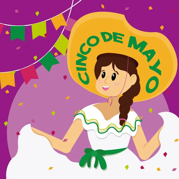 Manifesto Colorato Cinco Mayo Con Personaggio Ballerino Femminile Illustrazione Vettoriale — Vettoriale Stock
