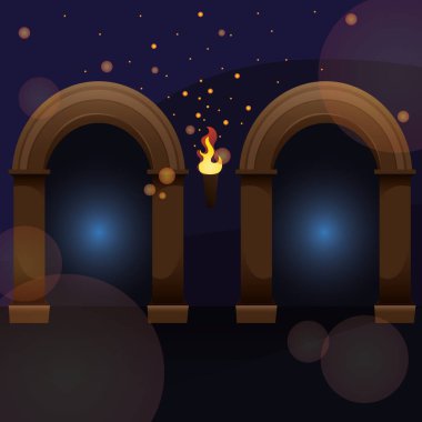 Kale salonunun içinde kemer ve meşalelerle renklendirilmiş Vektör illüstrasyonu