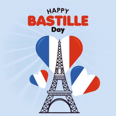 Renkli Bastille Günü posteri Eyfel kulesi ve kalp şekilleri Vektör illüstrasyonu