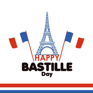 Eyfel Kulesi 'nin tarihi illüstrasyonlu renkli mutlu Bastille Günü posteri
