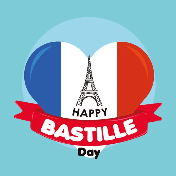 Kolorowy Szczęśliwy Plakat Dnia Bastille Kształt Serca Słynnym Zabytkiem Ilustracja — Wektor stockowy