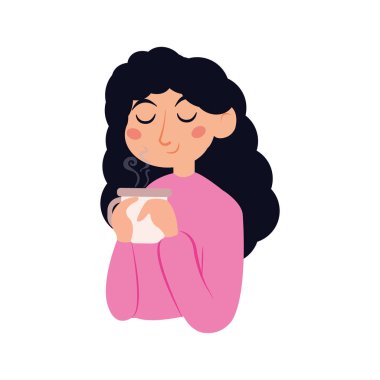 Bir fincan kahve taşıyan mutlu kız karakteri. Vektör çizimi.